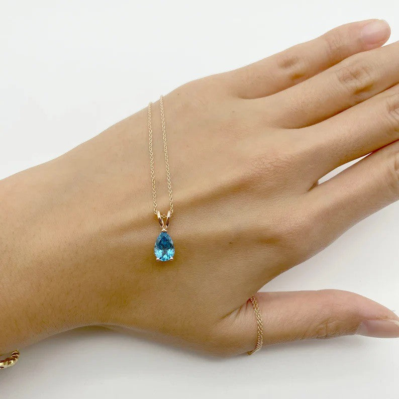 14K Gold 1.5CT Natural Blue Topaz Pear Solitaire Necklace