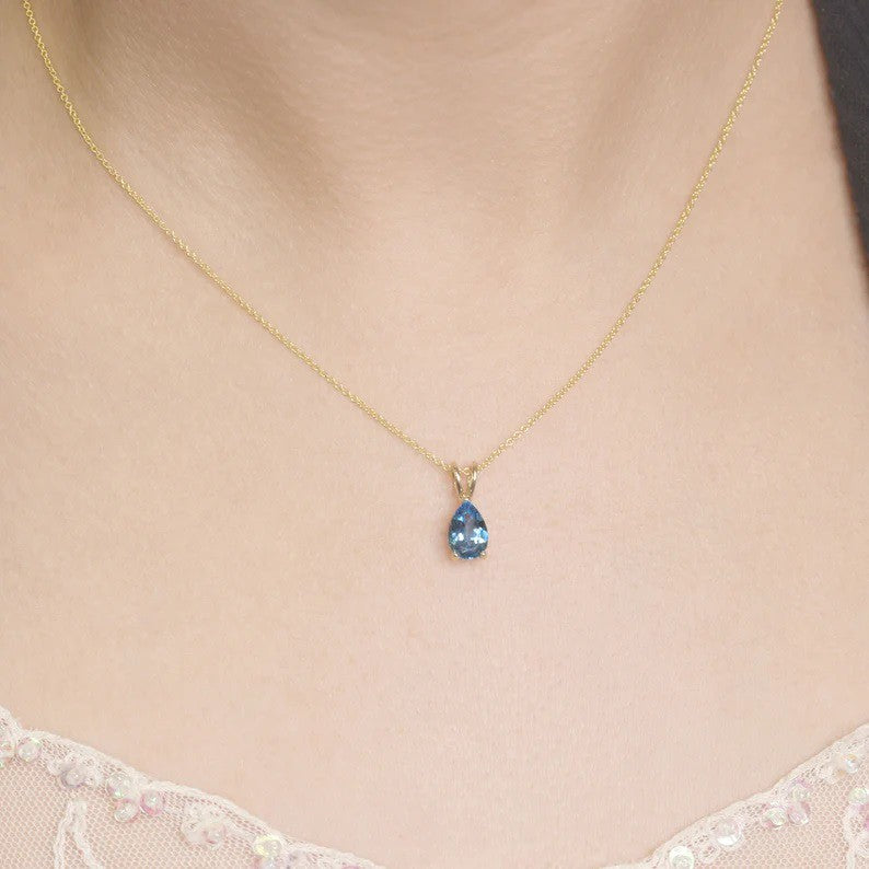 14K Gold 1.5CT Natural Blue Topaz Pear Solitaire Necklace