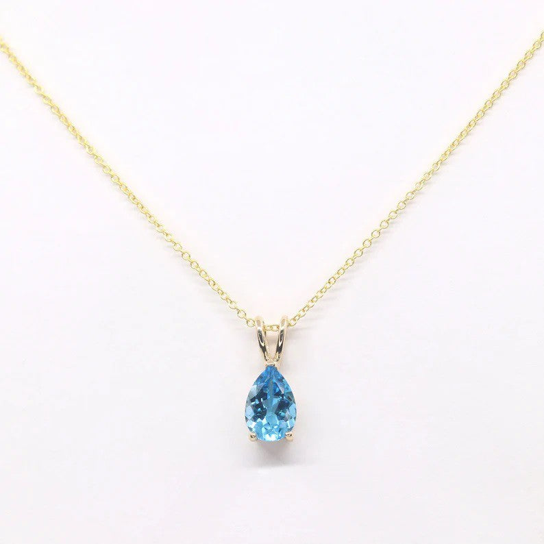 14K Gold 1.5CT Natural Blue Topaz Pear Solitaire Necklace
