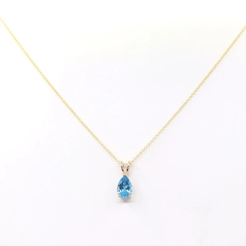 14K Gold 1.5CT Natural Blue Topaz Pear Solitaire Necklace
