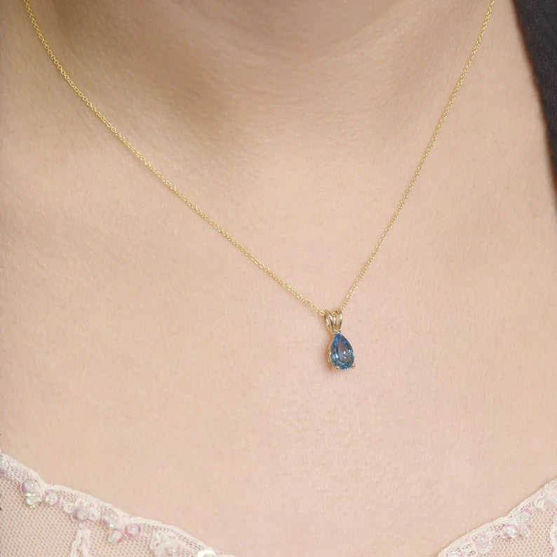 14K Gold 1.5CT Natural Blue Topaz Pear Solitaire Necklace