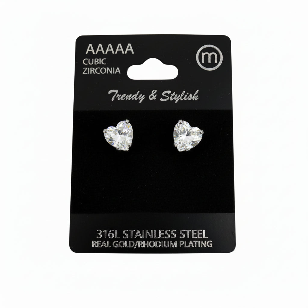Rhodium Plated Stainless Steel Heart Cz Stud Earrings