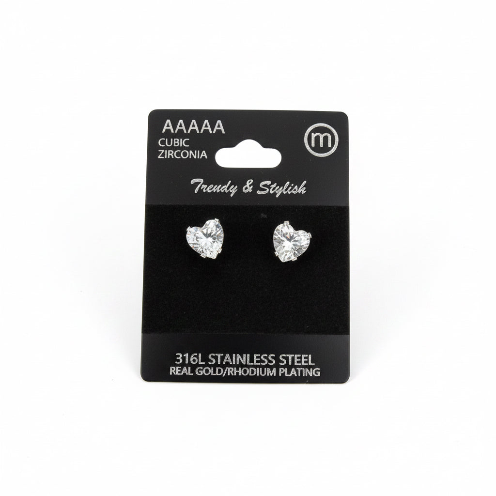 Rhodium Plated Stainless Steel Heart Cz Stud Earrings