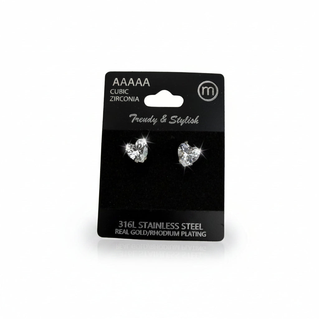 Rhodium Plated Stainless Steel Heart Cz Stud Earrings