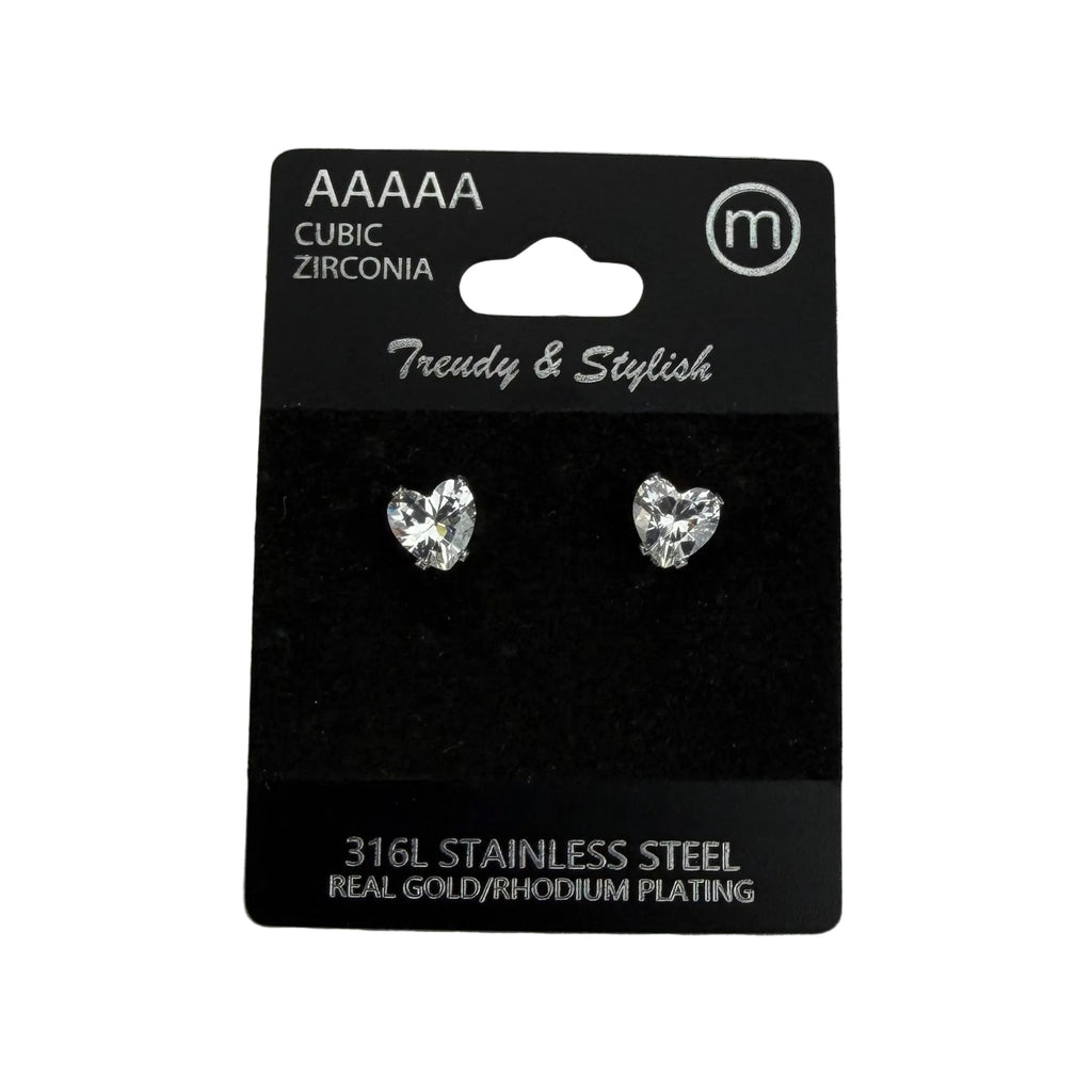 Rhodium Plated Stainless Steel Heart Cz Stud Earrings