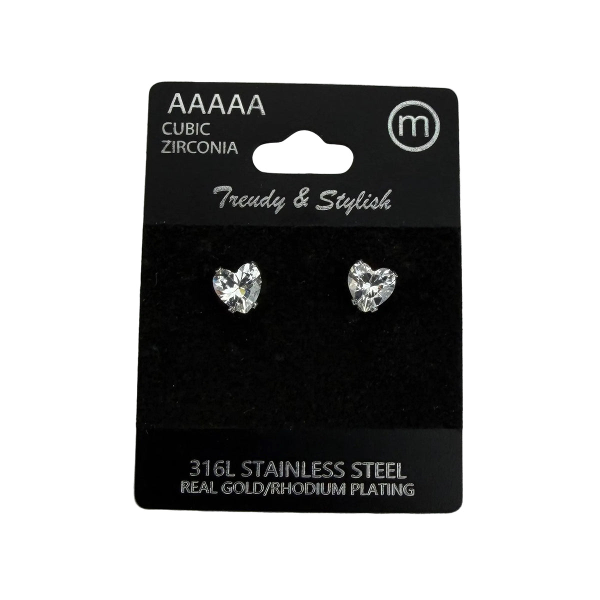 Rhodium Plated Stainless Steel Heart Cz Stud Earrings