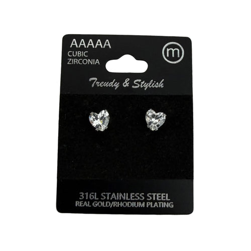 Rhodium Plated Stainless Steel Heart Cz Stud Earrings